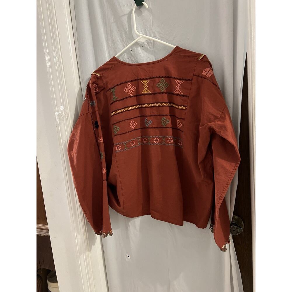 Zara Rust Floral Embroidered V Neck Popover Shirt Sz S Boho Peasant Linen Blend - Picture 10 of 10